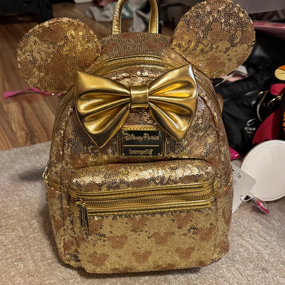 Loungefly Gold Sequin Backpack with Bow and Ears